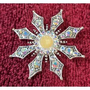 Vintage KC Aurora Borealis Rhinestone Flower Burst Silver Brooch- 2 Inch